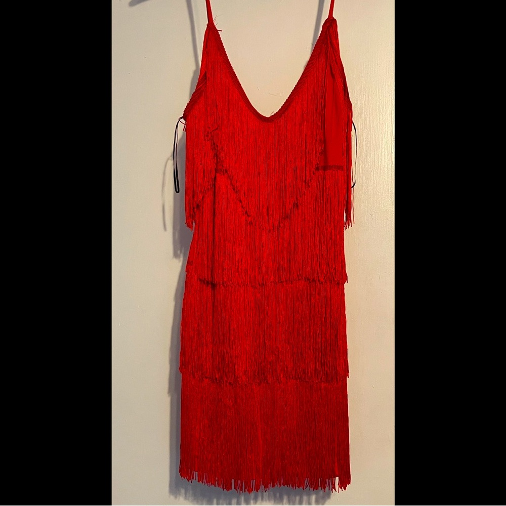Red Fringe Party Dress New Spaghetti Strap Mini  Sizes S M L